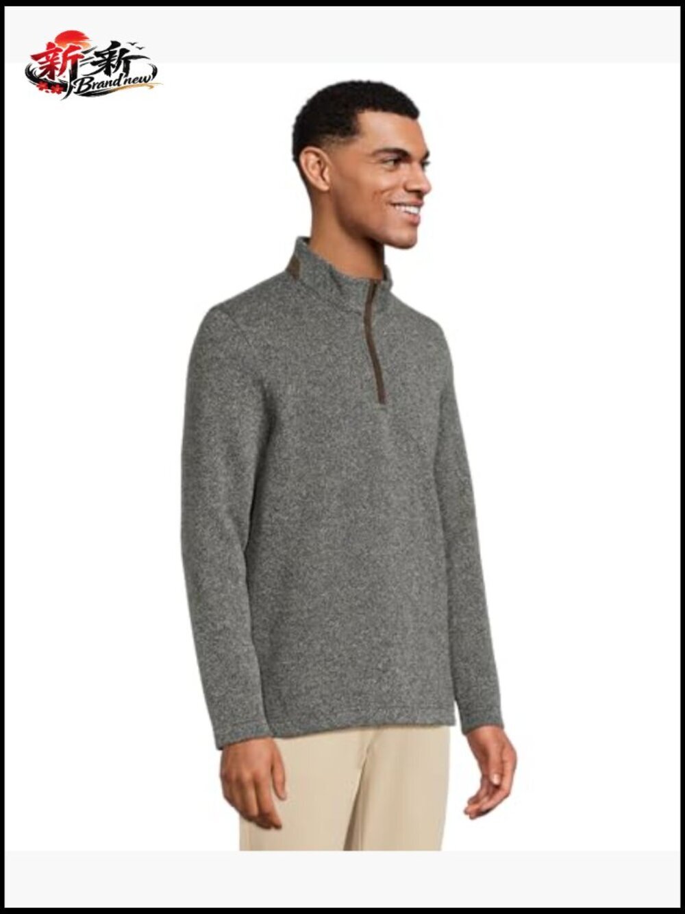 Marled Quarter-Zip Pullover - Faux Suede Details - Picture 2 of 4
